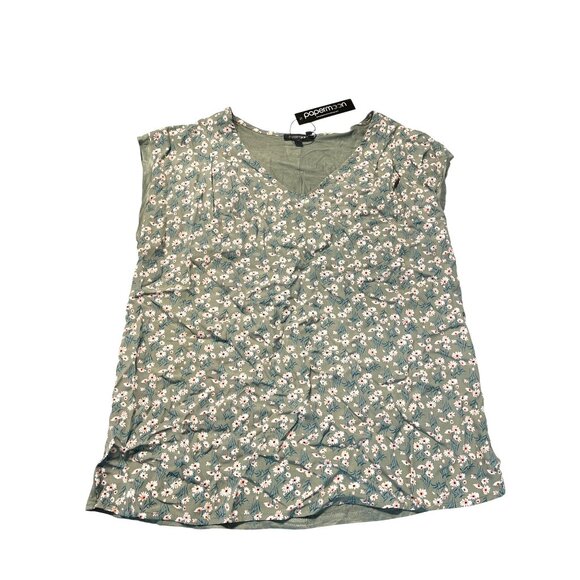 Papermoon Womens Floral Button-Back V-Neck Top Size M Green & White - Picture 1 of 2